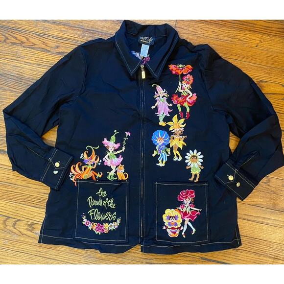 Women Sz XL Bob Mackie Fairy Zip Jacket Denim Parade of Flowers Embroidered - Picture 1 of 15